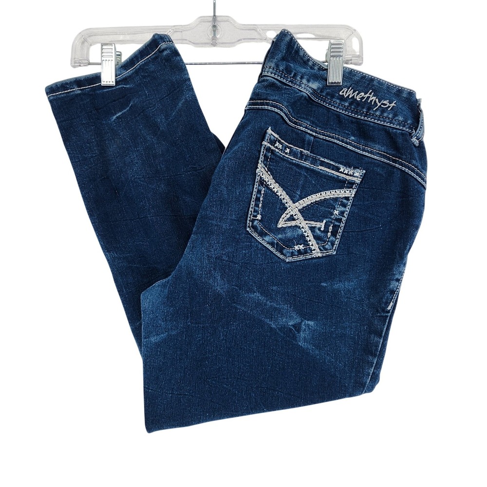 Amethyst 13 Blue Body Con Skinny Jeans Y2K McBling Embroidered Pocket Dark Wash